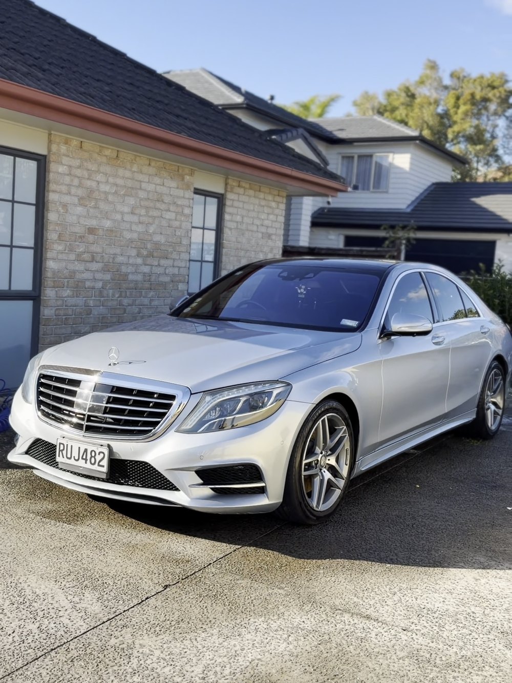 Mercedes-Benz S-Class in silver, front detail after a full exterior detail